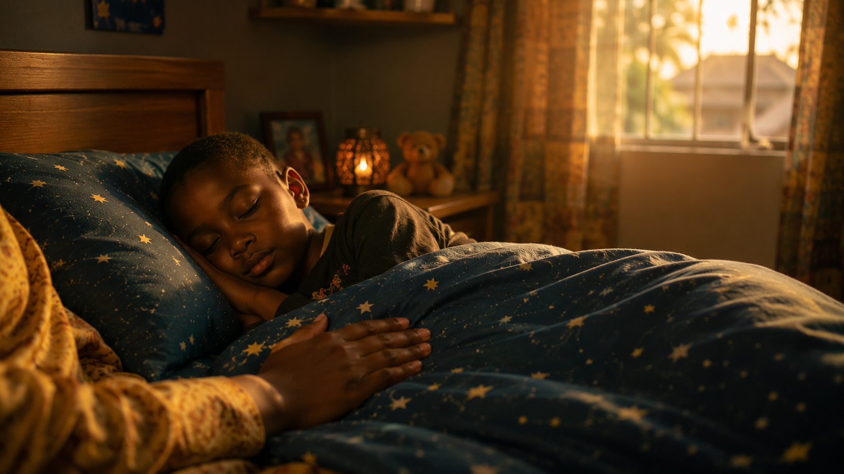 A child sleeping peacefully in a dry bed at dawn
